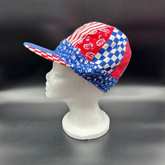 Vintage Hat 1970s Patriotic Patchwork Cap Red White Blue Retro Patriotic 7 1/8 - Picture 2 of 8